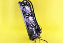 Close-up of a large dual-tower CPU air cooler installed on a desktop motherboard