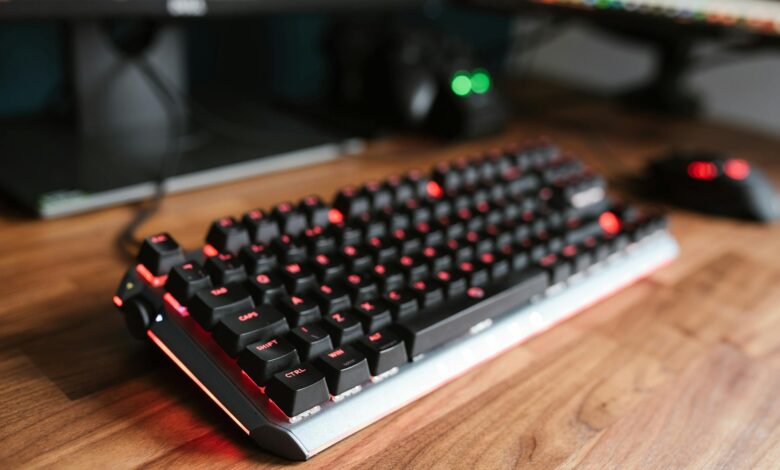 Mechanical gaming keyboard on a clean desk setup with ambient lighting