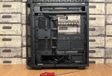Interior view of a high-end gaming PC case showing components and airflow design