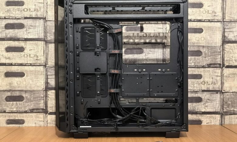 Interior view of a high-end gaming PC case showing components and airflow design