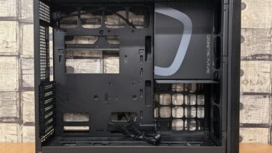 Close-up view of a mini ITX computer case interior showing component layout and airflow design