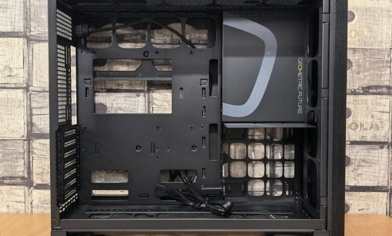 Close-up view of a mini ITX computer case interior showing component layout and airflow design