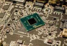 Close-up view of Intel processor chip on motherboard socket