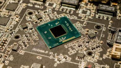 Close-up view of Intel processor chip on motherboard socket