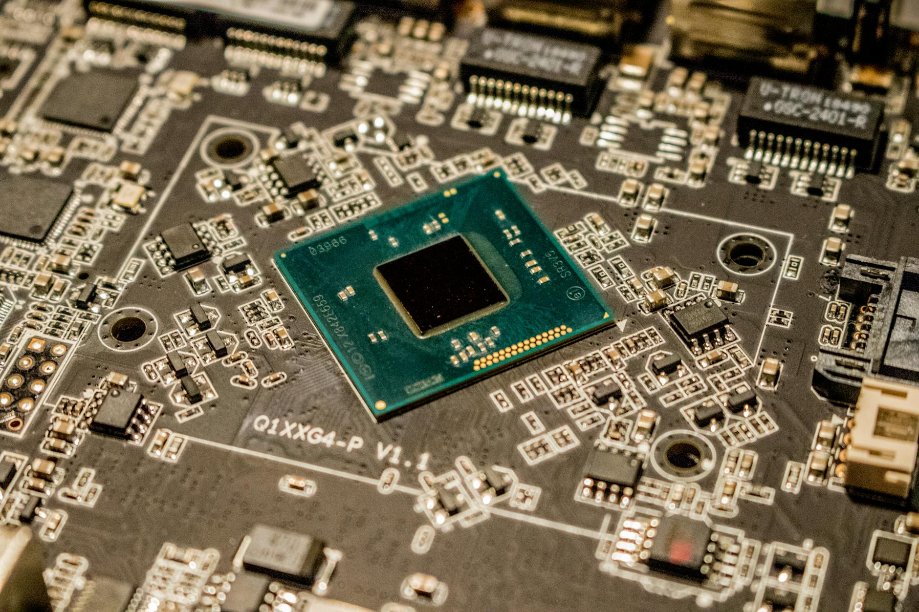Close-up view of Intel processor chip on motherboard socket