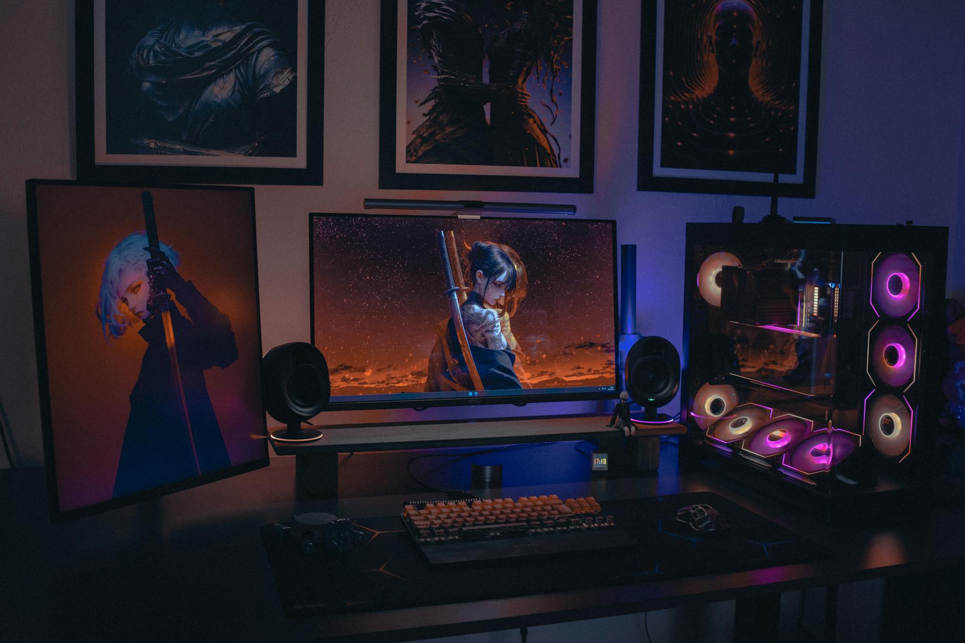 Gaming desktop PC setup on a desk with monitor and peripherals