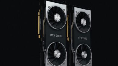 Close-up of a discrete graphics card with cooling fans and RGB lighting