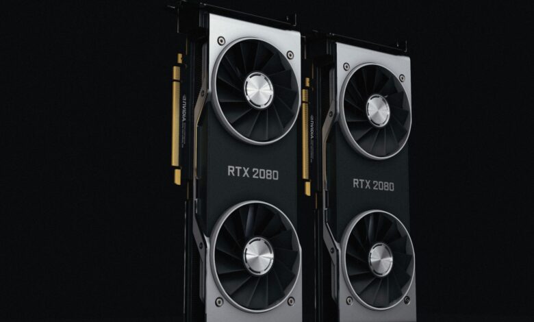 Close-up of a discrete graphics card with cooling fans and RGB lighting
