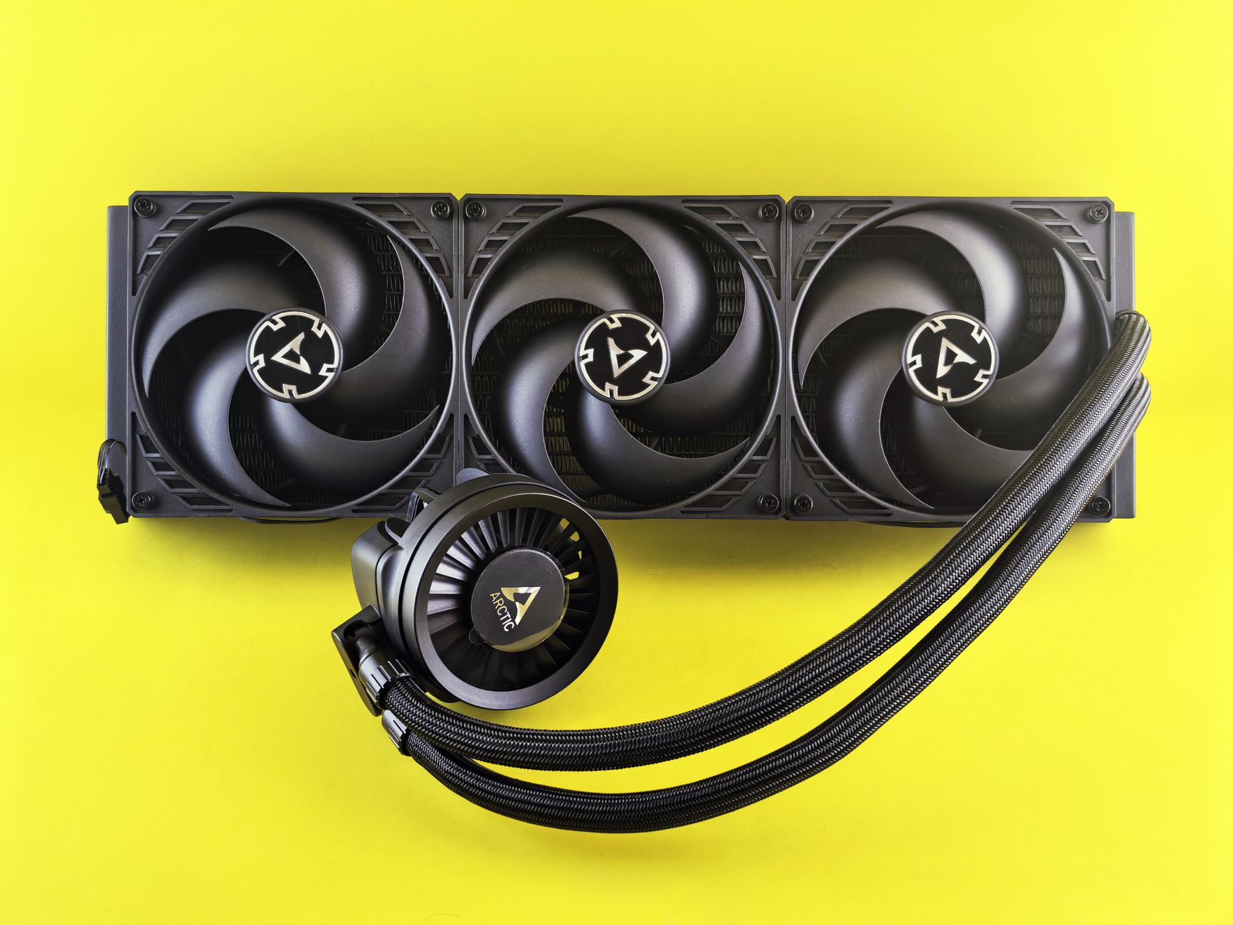 Close-up of graphics card cooling fans and heatsink on a high-performance GPU