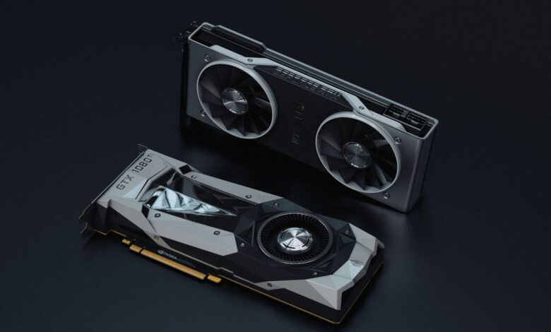 Close-up of a modern graphics card showing cooling fans and heatsink design