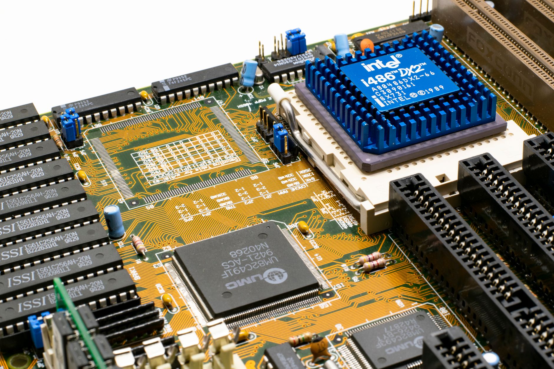 Close-up of a desktop CPU processor chip on a motherboard socket