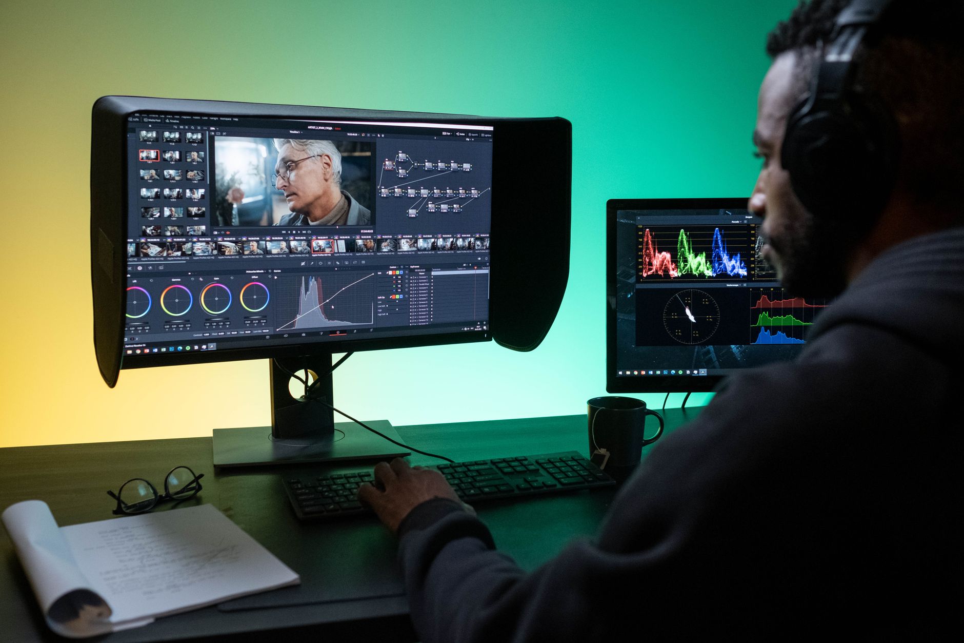 Content creator working at a multi-monitor editing workstation