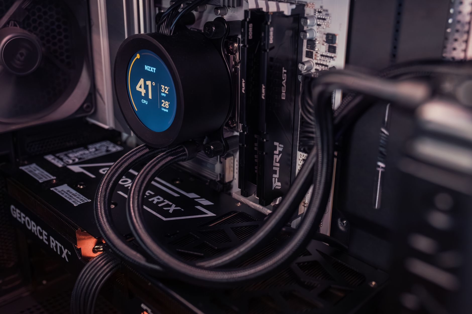 Custom desktop PC build with components visible inside a mid-tower case
